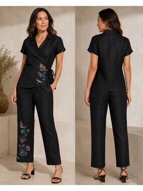 Mercer & Madison Woman Black Linen Blend Embroidered 2-Piece Set Wrap Top & Pant
